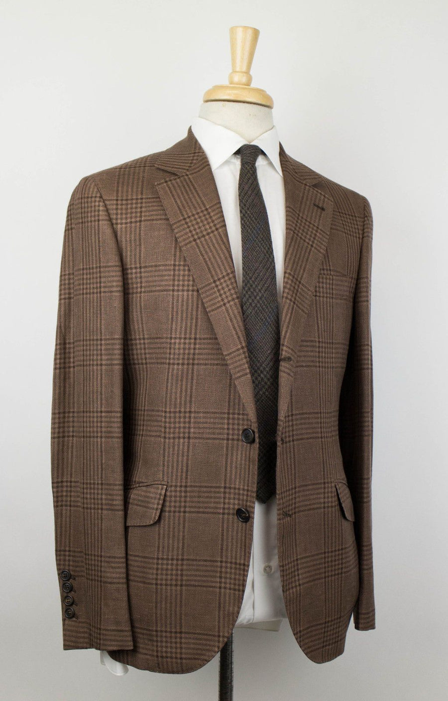 Glen Plaid Wool Blend 3 Roll Button Suit - Brown