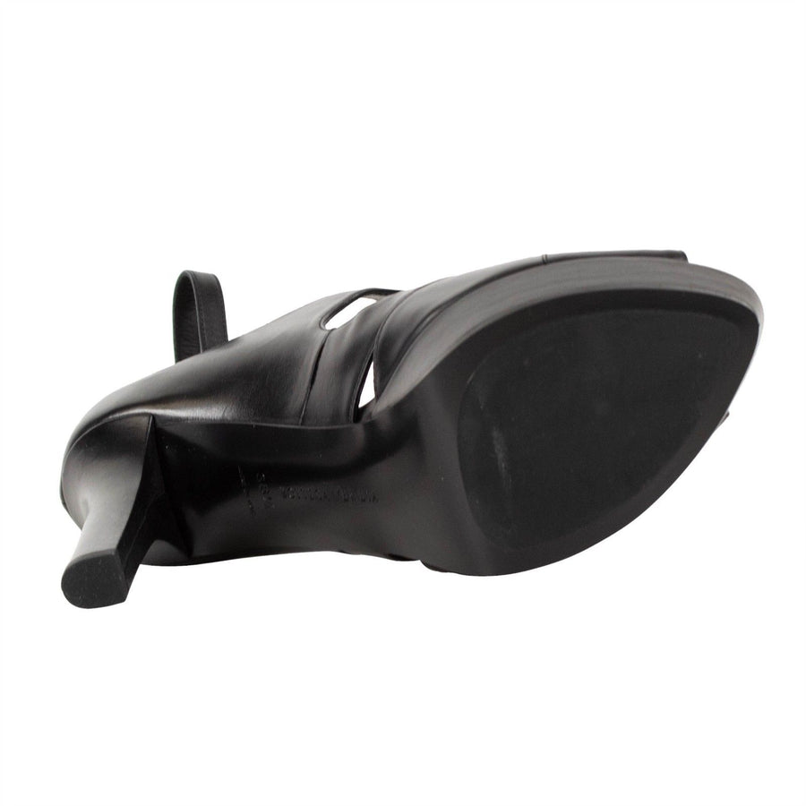 Leather Cutout Ankle Strap Pumps - Black