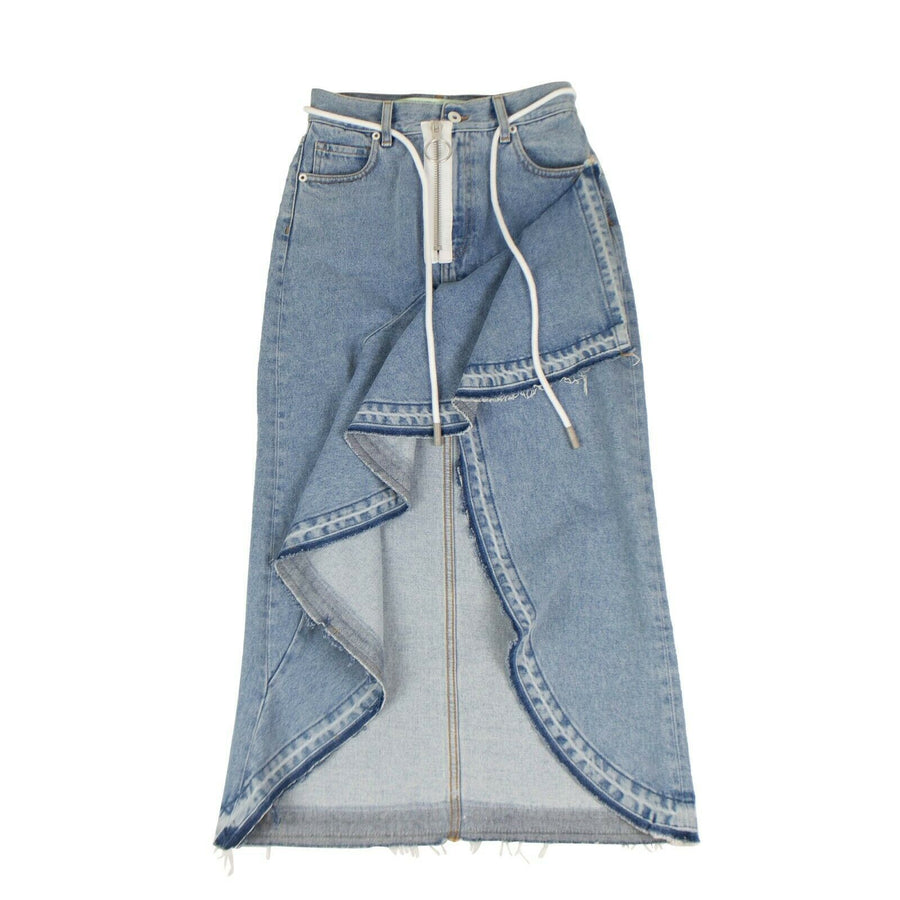 Asymmetric Hi-Low Bleached Denim Ruffle Skirt - Blue