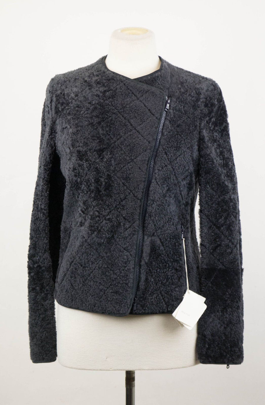 Shearling Leather Biker Jacket - Midnight Blue