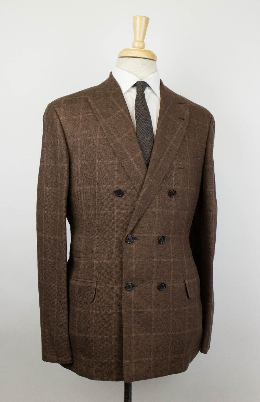 Windowpane Check Wool Blend Double Breasted Suit - Brown