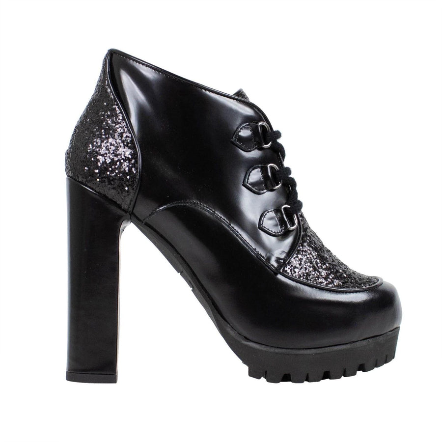 Leather & Glitter Lace Up Booties - Black