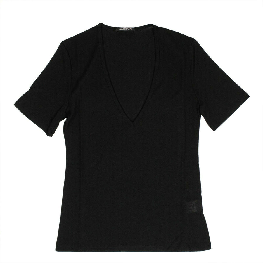 Short Sleeve Deep V Neck Knit T-Shirt - Black