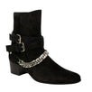 Suede Buckle Chain Boots - Black