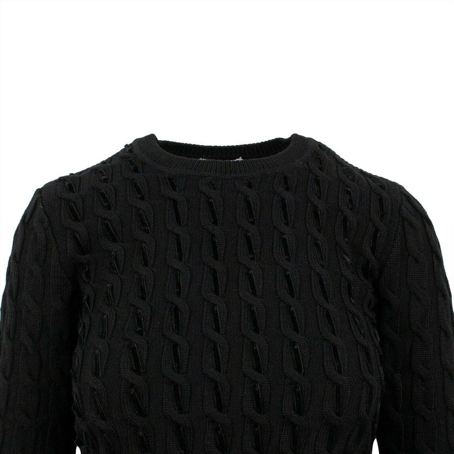 Wool Velvet Detail Cable Knit Sweater - Black