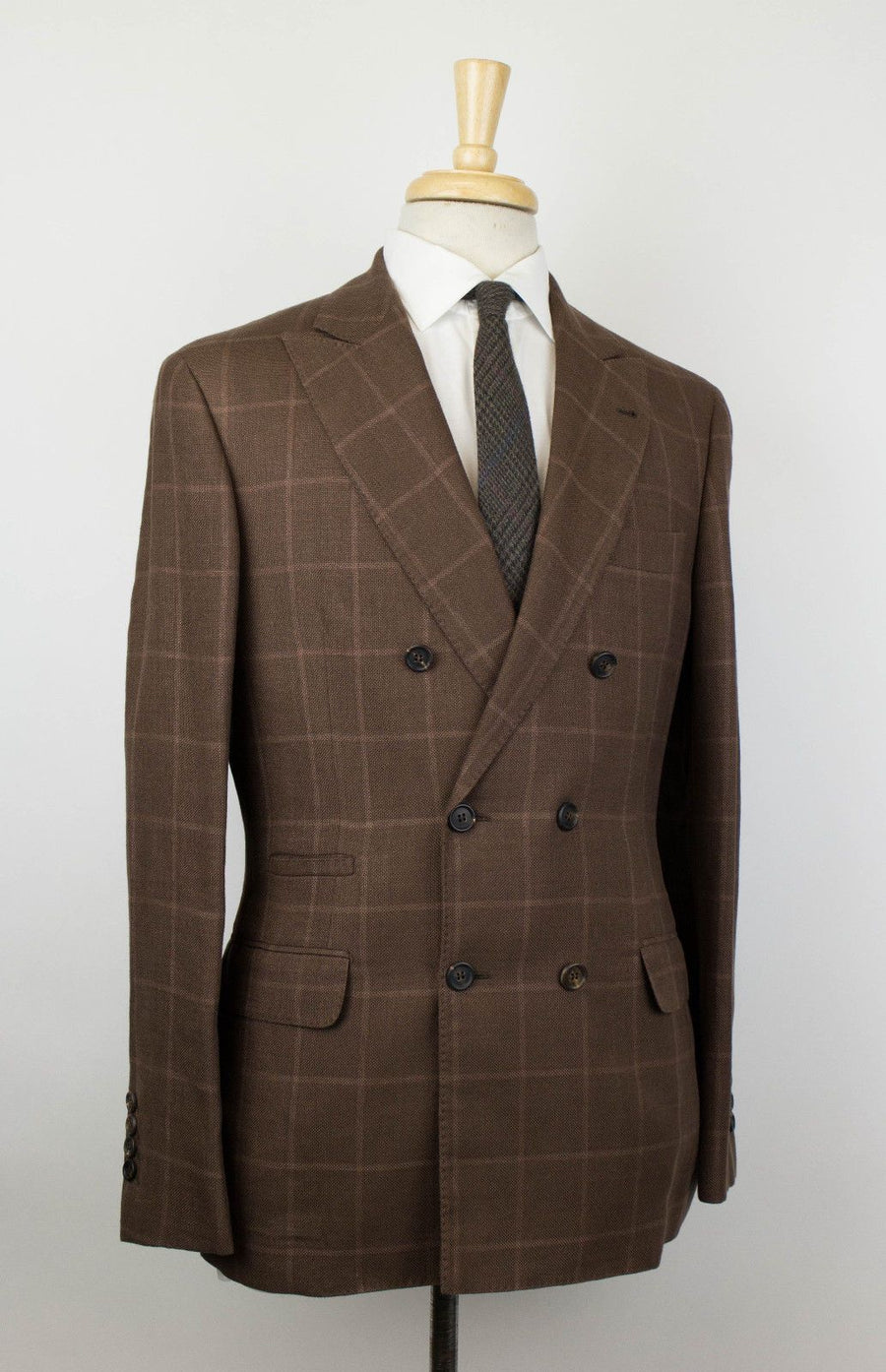 Windowpane Wool Blend Double Breasted Suit - Brown
