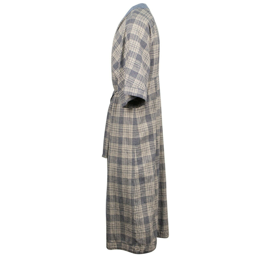 Plaid And VIntage Denim Kimono Robe - Ivory / Blue