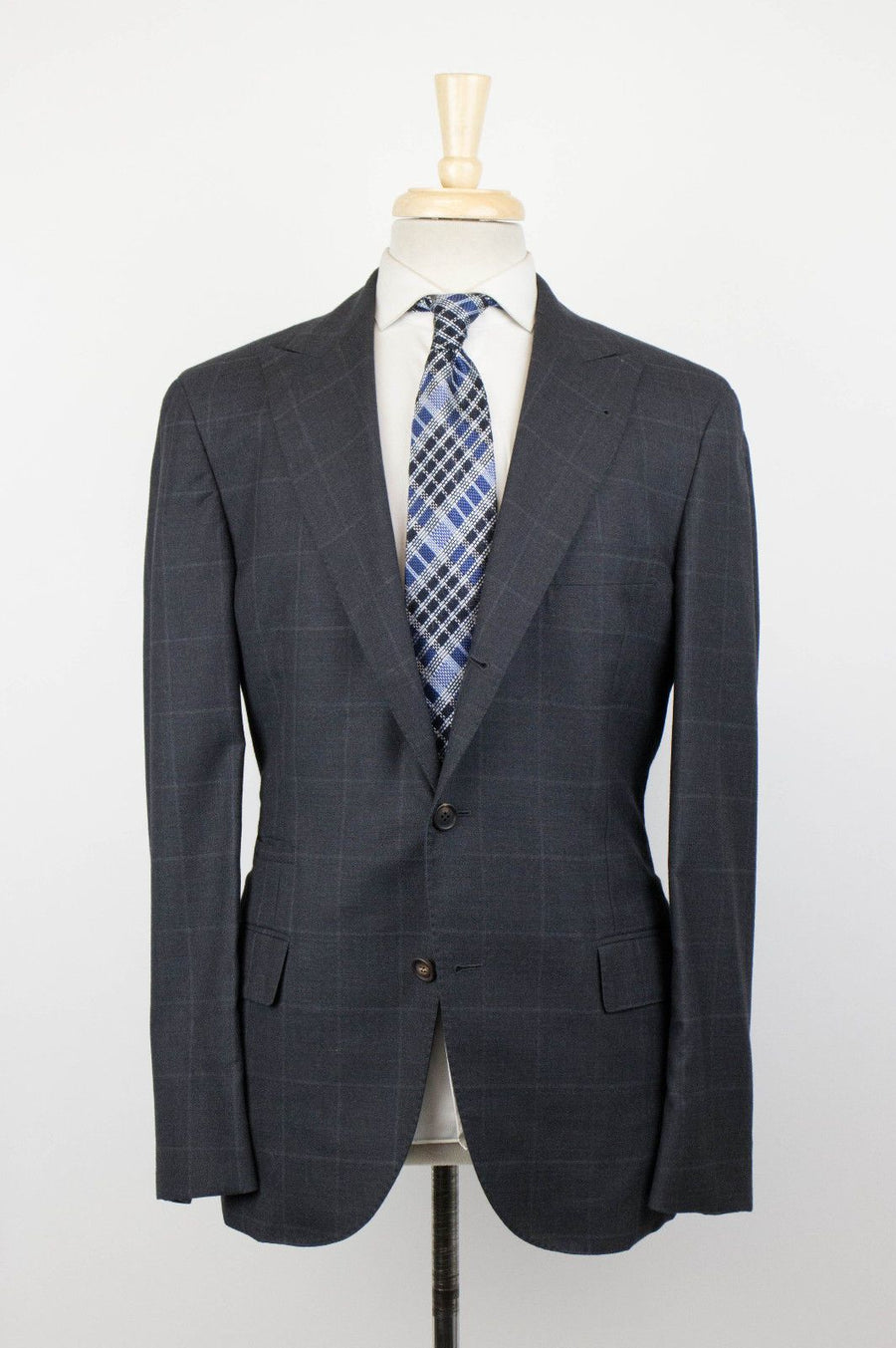 Wool Blend Windowpane Check 3 Roll 2 Button Sport Coat - Gray