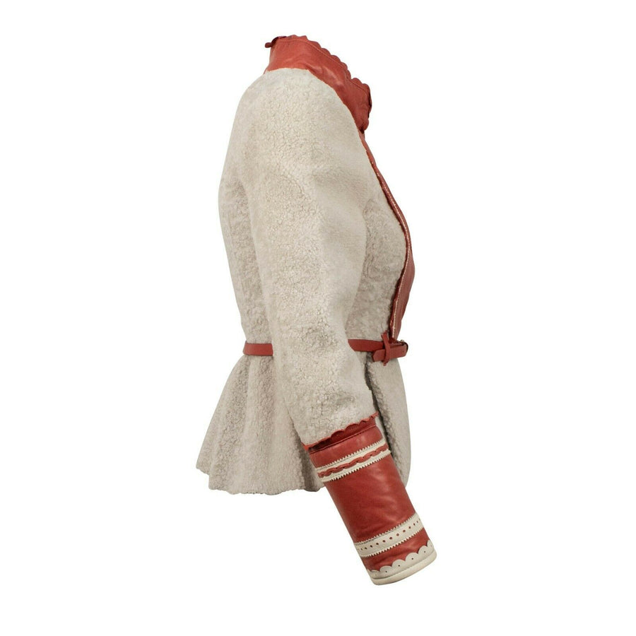 Lamb Fur With Lambskin Leather Detail Coat - Off White / Red