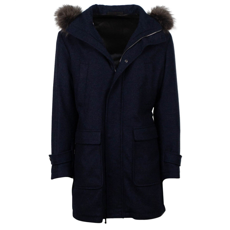 Cashmere Blend Hooded Zip Up Coat - Blue