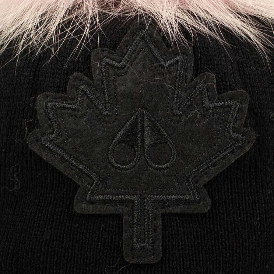 Kids Fur Pom Pom Maple-leaf Hat - Black/ Pink