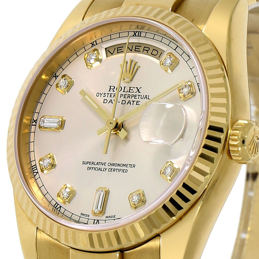 Rolex Day-Date 36, Yellow Gold Silver Tone Diamond Dial 36MM Watch 118238(PRE-OWNED)