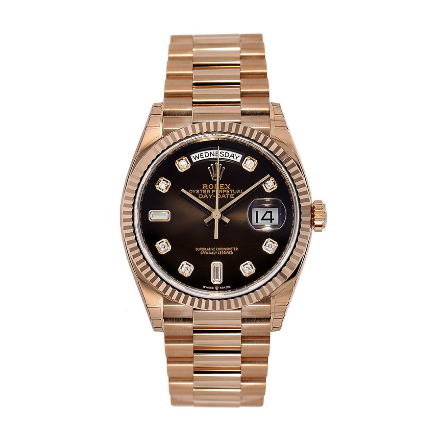 Rolex Day-Date 36, Rose Gold Chocolate Diamond Dial 36MM Watch 128235