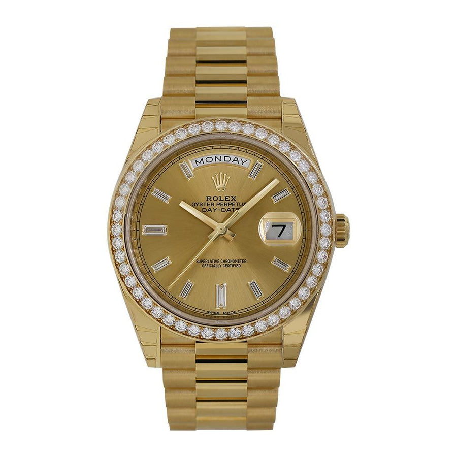 Rolex Day-Date 40, Yellow Gold Diamond Bezel Champagne Baguette Dial 40MM Watch 228348RBR