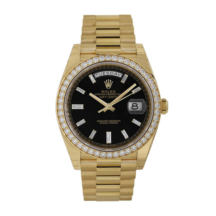 Rolex Day-Date 40, Yellow Gold Diamond Bezel Black Baguette Dial 40MM Watch 228348
