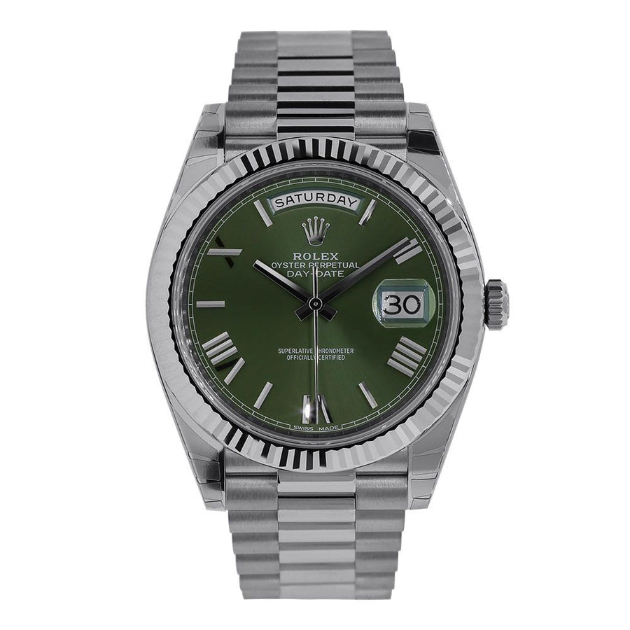Rolex Day-Date 40, 18K White Gold Olive Roman Dial 40MM Watch 228239