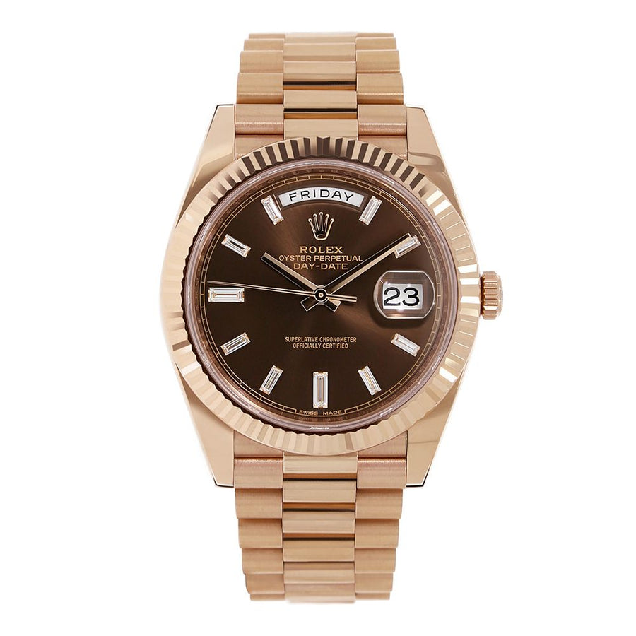 Rolex Day-Date 40, Rose Gold Chocolate Brown Baguette Dial 40MM Watch 228235