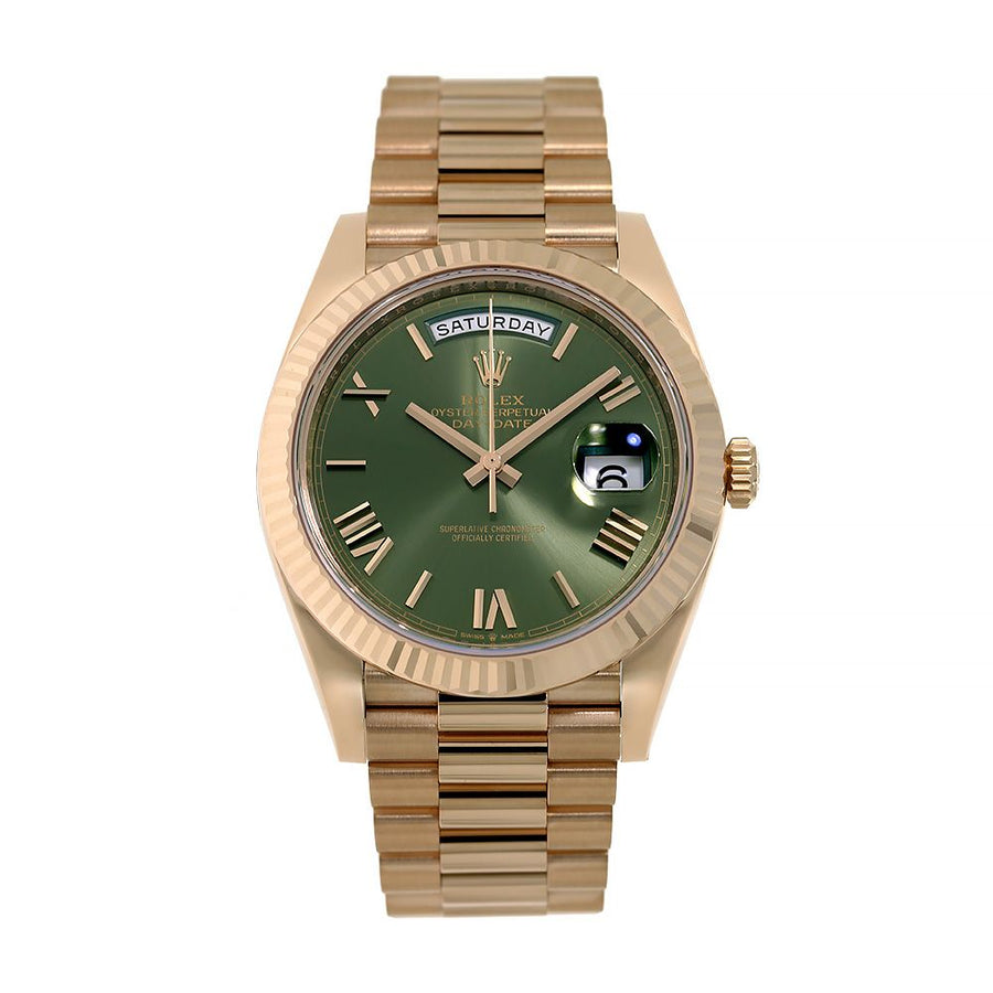 Rolex Day-Date 40, Rose Gold Olive Green President Bracelet 40MM Watch 228235