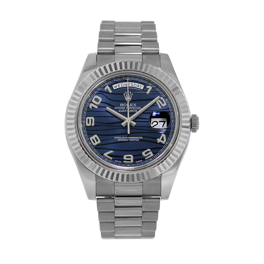 Rolex Day-Date II, White Gold Blue Wave Dial President 41MM Watch 218239(PRE-OWNED)