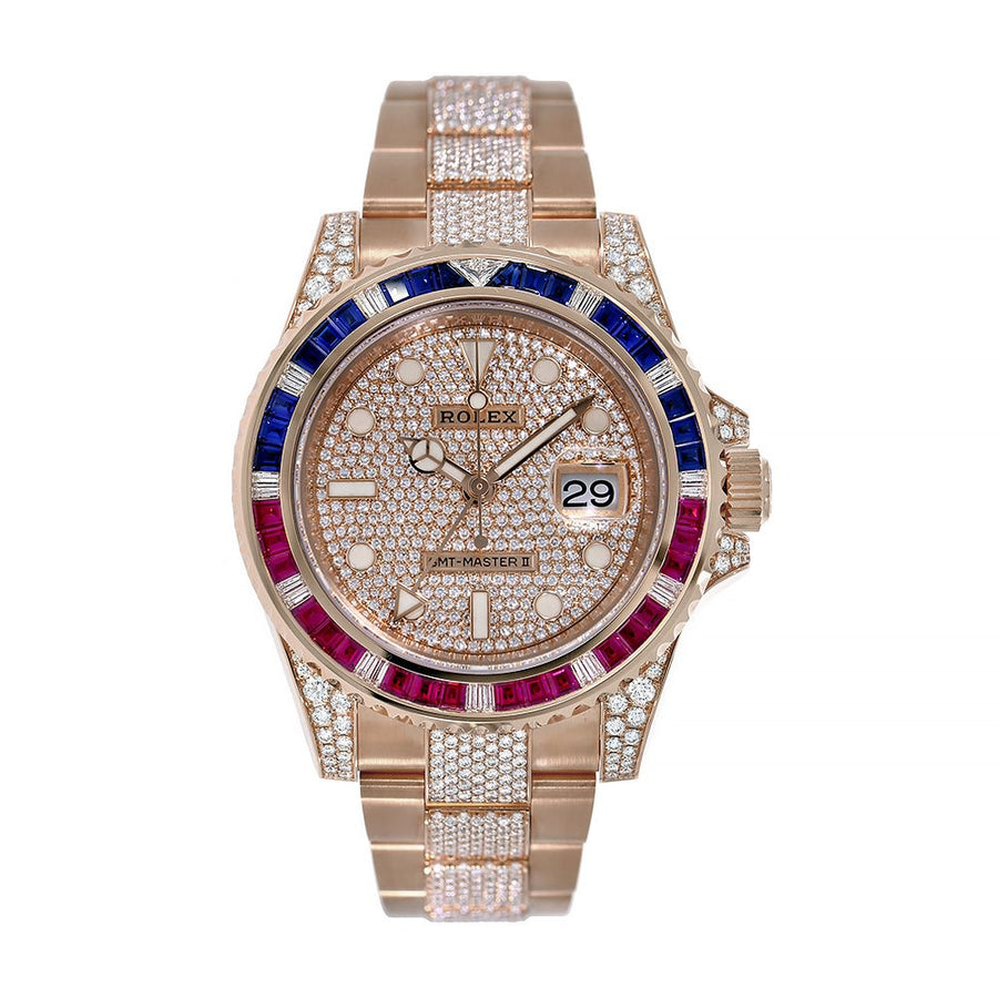 Rolex GMT-Master II, Rose Gold Diamond Pepsi Bezel 40MM Watch 126755SARU