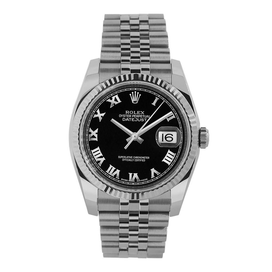 Rolex Datejust 36, Steel Fluted Bezel Black Roman Dial 36MM Watch 116234(PRE-OWNED)